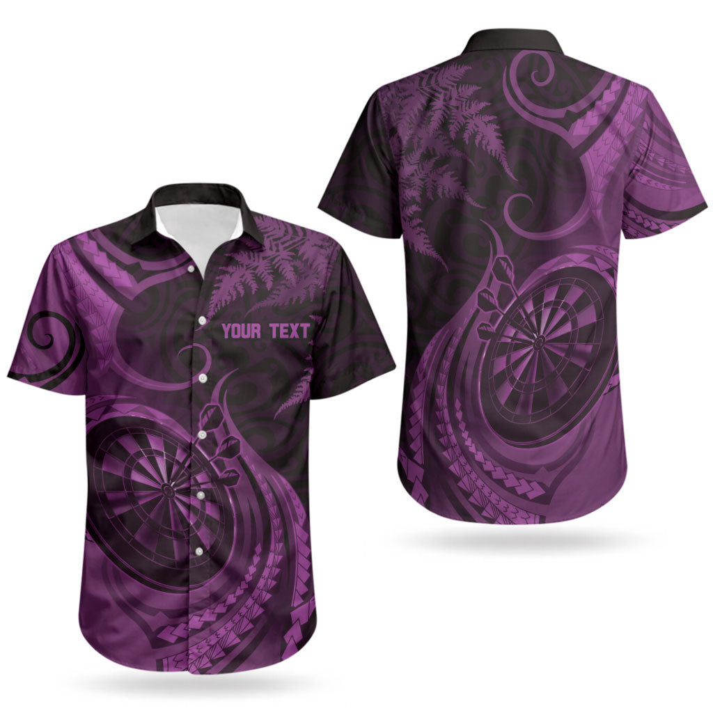Personalised New Zealand Purple Darts Couples Matching Long Sleeve Bodycon Dress and Hawaiian Shirt Maori Fern Curve Style