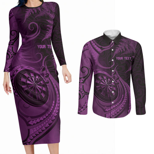 Personalised New Zealand Purple Darts Couples Matching Long Sleeve Bodycon Dress and Long Sleeve Button Shirt Maori Fern Curve Style