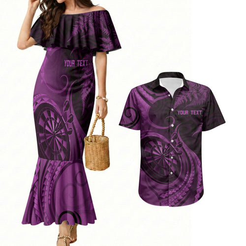 Personalised New Zealand Purple Darts Couples Matching Mermaid Dress and Hawaiian Shirt Maori Fern Curve Style