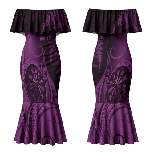 Personalised New Zealand Purple Darts Couples Matching Mermaid Dress and Hawaiian Shirt Maori Fern Curve Style