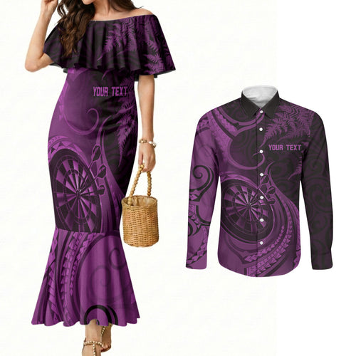 Personalised New Zealand Purple Darts Couples Matching Mermaid Dress and Long Sleeve Button Shirt Maori Fern Curve Style