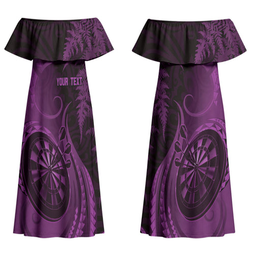Personalised New Zealand Purple Darts Couples Matching Off Shoulder Maxi Dress and Hawaiian Shirt Maori Fern Curve Style