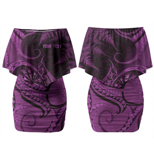 Personalised New Zealand Purple Darts Couples Matching Off Shoulder Short Dress and Long Sleeve Button Shirt Maori Fern Curve Style