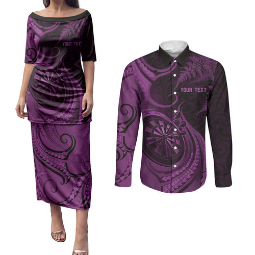 Personalised New Zealand Purple Darts Couples Matching Puletasi and Long Sleeve Button Shirt Maori Fern Curve Style
