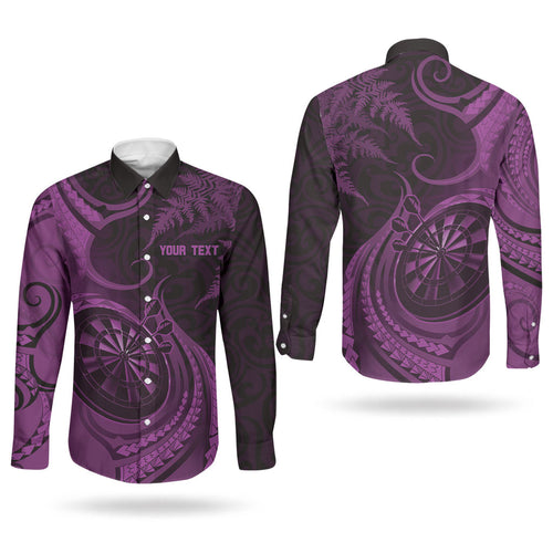 Personalised New Zealand Purple Darts Couples Matching Puletasi and Long Sleeve Button Shirt Maori Fern Curve Style