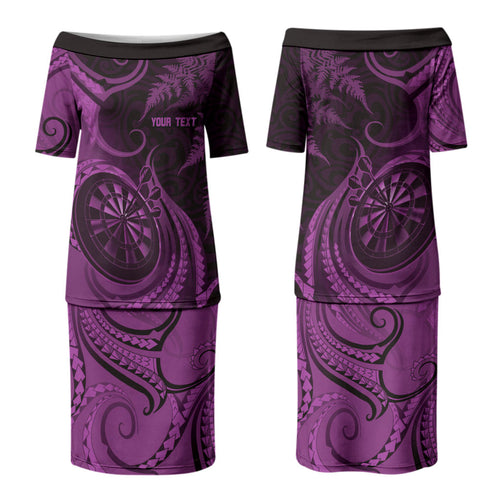 Personalised New Zealand Purple Darts Couples Matching Puletasi and Long Sleeve Button Shirt Maori Fern Curve Style