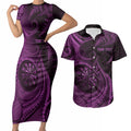 Personalised New Zealand Purple Darts Couples Matching Short Sleeve Bodycon Dress and Hawaiian Shirt Maori Fern Curve Style