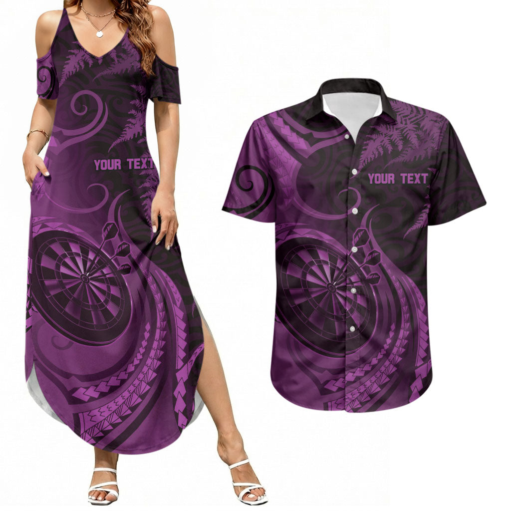 Personalised New Zealand Purple Darts Couples Matching Summer Maxi Dress and Hawaiian Shirt Maori Fern Curve Style