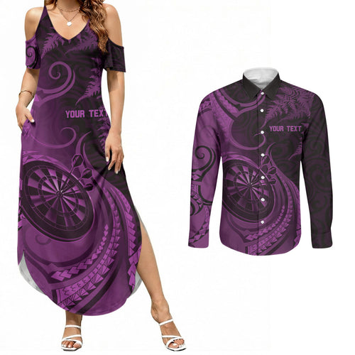 Personalised New Zealand Purple Darts Couples Matching Summer Maxi Dress and Long Sleeve Button Shirt Maori Fern Curve Style