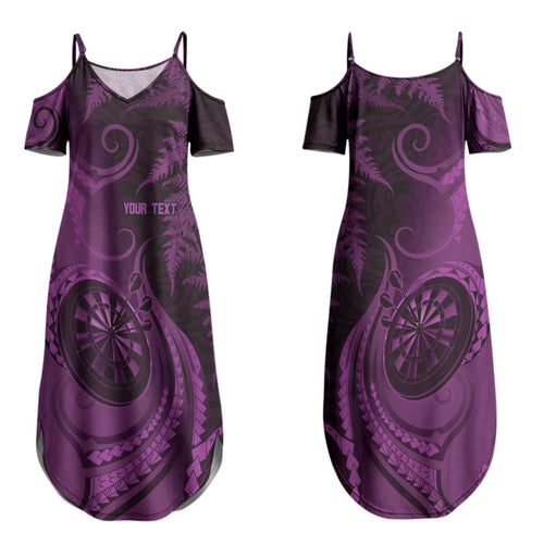 Personalised New Zealand Purple Darts Couples Matching Summer Maxi Dress and Long Sleeve Button Shirt Maori Fern Curve Style