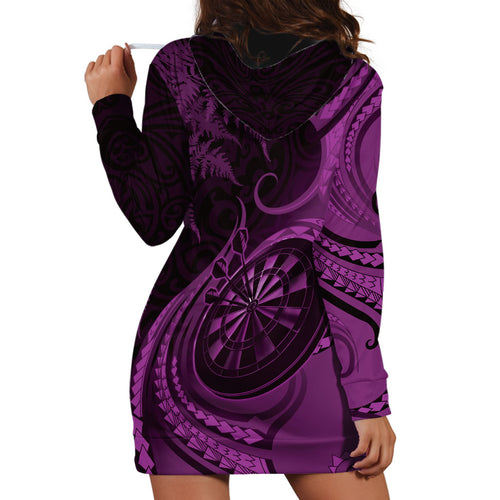Personalised New Zealand Purple Darts Hoodie Dress Maori Fern Curve Style