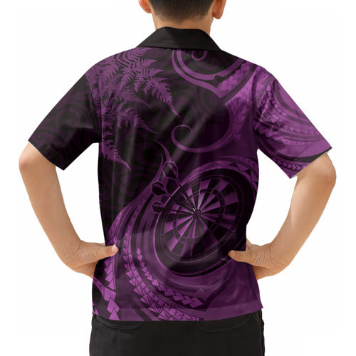 Personalised New Zealand Purple Darts Kid Hawaiian Shirt Maori Fern Curve Style