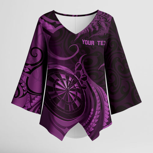 Personalised New Zealand Purple Darts Kimono Sleeve Blouse Maori Fern Curve Style