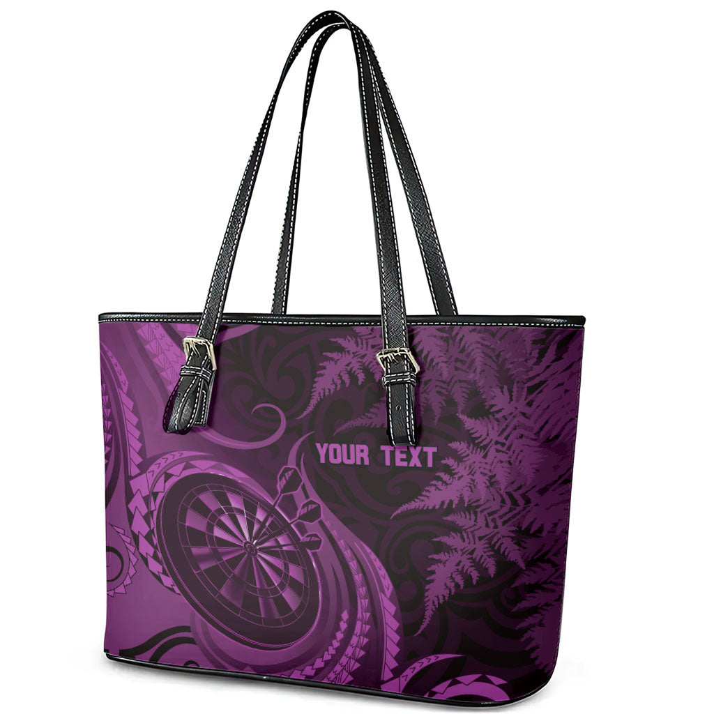 Personalised New Zealand Purple Darts Leather Tote Bag Maori Fern Curve Style