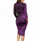 Personalised New Zealand Purple Darts Long Sleeve Bodycon Dress Maori Fern Curve Style