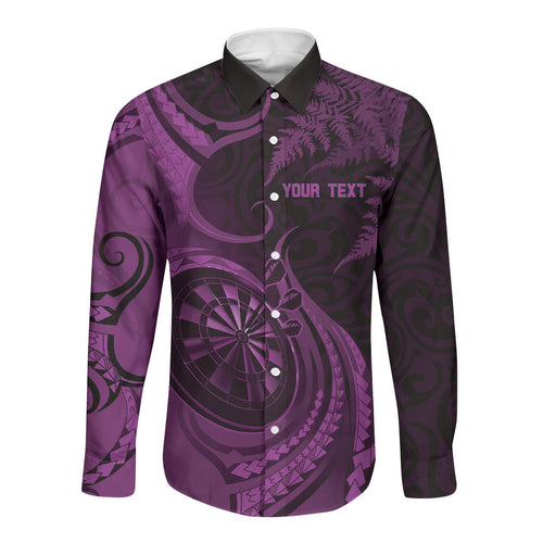 Personalised New Zealand Purple Darts Long Sleeve Button Shirt Maori Fern Curve Style