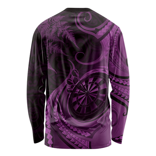 Personalised New Zealand Purple Darts Long Sleeve Shirt Maori Fern Curve Style