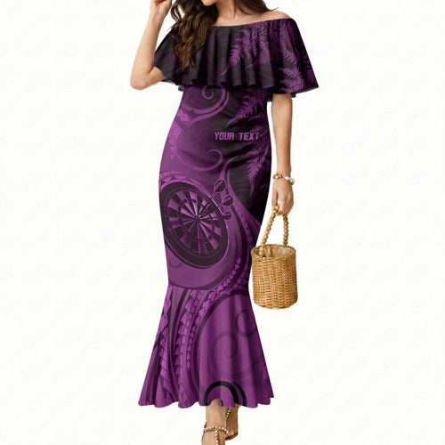 Personalised New Zealand Purple Darts Mermaid Dress Maori Fern Curve Style
