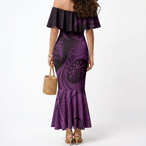 Personalised New Zealand Purple Darts Mermaid Dress Maori Fern Curve Style