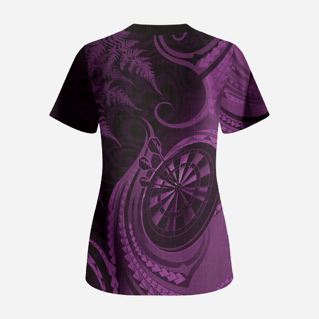 Personalised New Zealand Purple Darts Scrub Top Maori Fern Curve Style