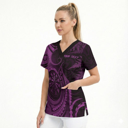 Personalised New Zealand Purple Darts Scrub Top Maori Fern Curve Style