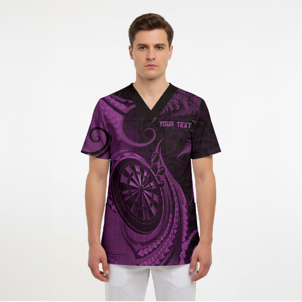 Personalised New Zealand Purple Darts Scrub Top Maori Fern Curve Style