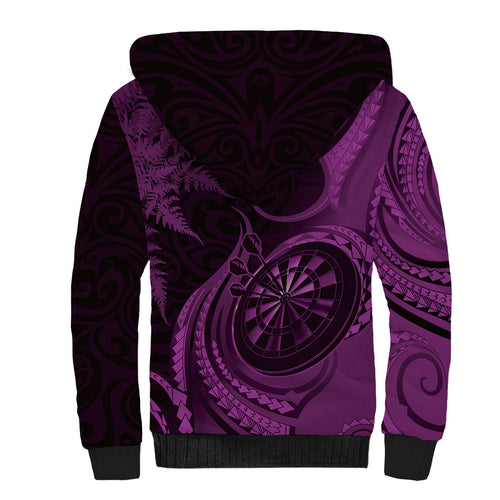 Personalised New Zealand Purple Darts Sherpa Hoodie Maori Fern Curve Style