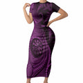 Personalised New Zealand Purple Darts Short Sleeve Bodycon Dress Maori Fern Curve Style