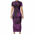 Personalised New Zealand Purple Darts Short Sleeve Bodycon Dress Maori Fern Curve Style
