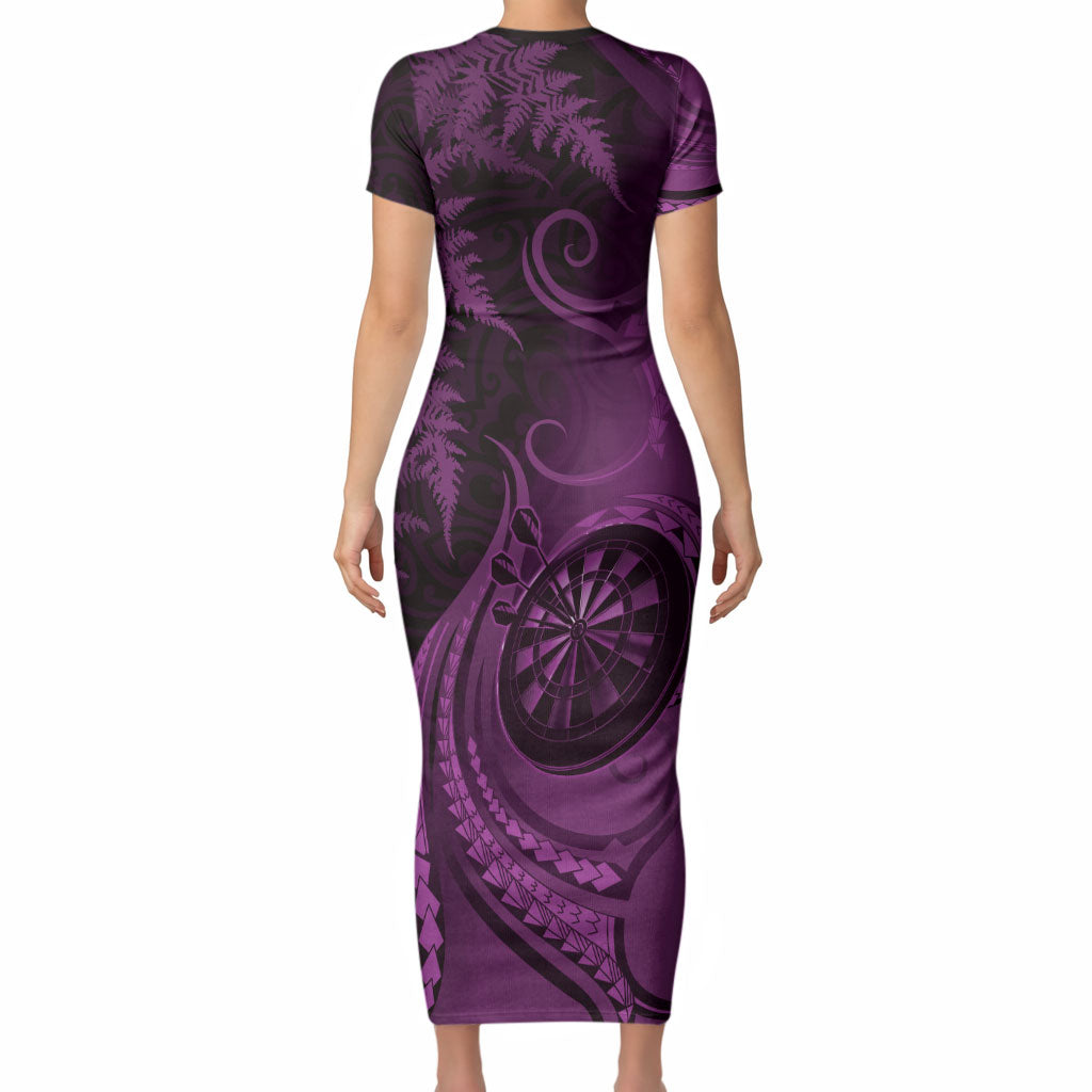 Personalised New Zealand Purple Darts Short Sleeve Bodycon Dress Maori Fern Curve Style