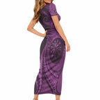 Personalised New Zealand Purple Darts Short Sleeve Bodycon Dress Maori Fern Curve Style