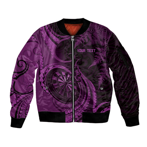 Personalised New Zealand Purple Darts Sleeve Zip Bomber Jacket Maori Fern Curve Style