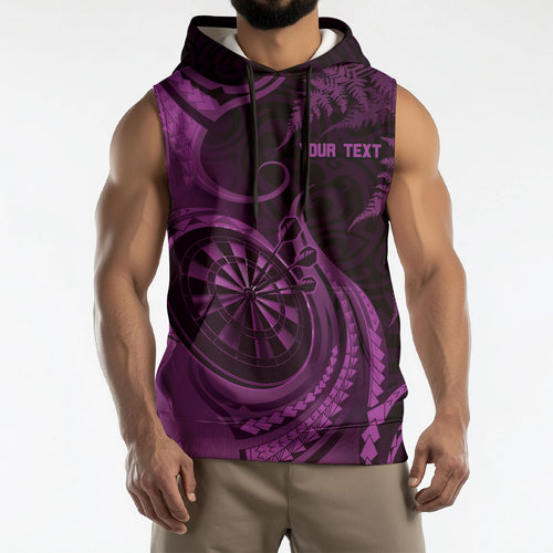 Personalised New Zealand Purple Darts Sleeveless Hoodie Maori Fern Curve Style