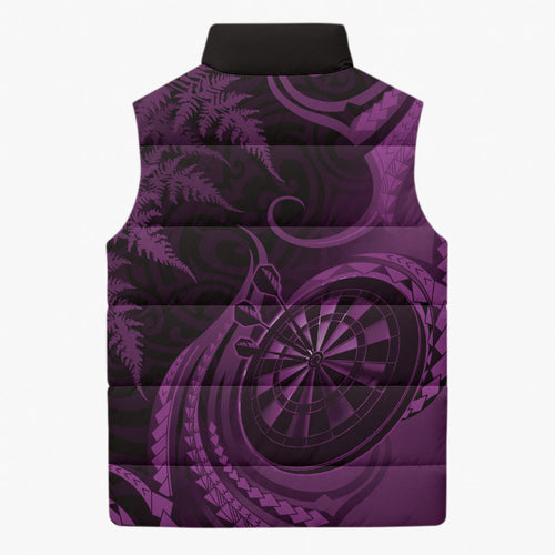 Personalised New Zealand Purple Darts Sleeveless Puffer Jacket Maori Fern Curve Style