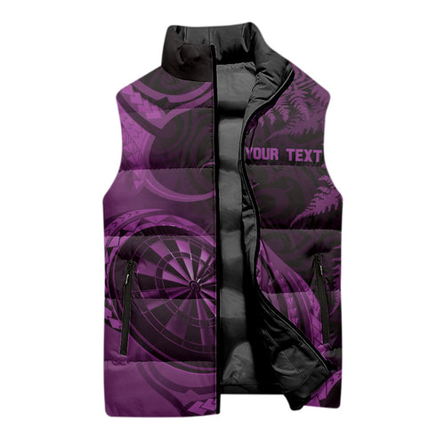 Personalised New Zealand Purple Darts Sleeveless Puffer Jacket Maori Fern Curve Style