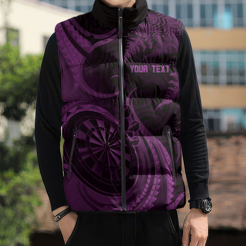 Personalised New Zealand Purple Darts Sleeveless Puffer Jacket Maori Fern Curve Style