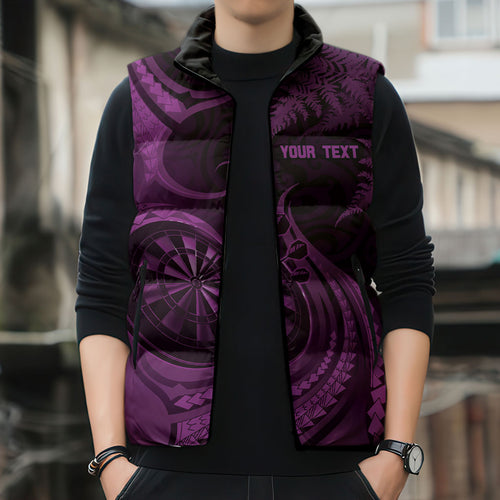 Personalised New Zealand Purple Darts Sleeveless Puffer Jacket Maori Fern Curve Style