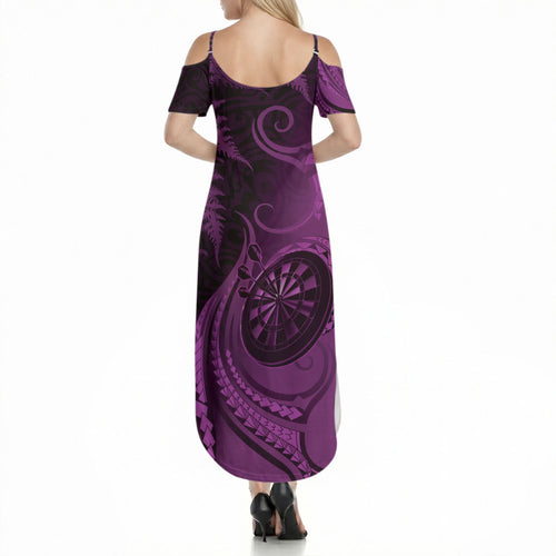 Personalised New Zealand Purple Darts Summer Maxi Dress Maori Fern Curve Style