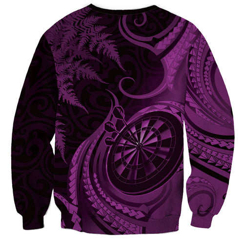 Personalised New Zealand Purple Darts Sweatshirt Maori Fern Curve Style