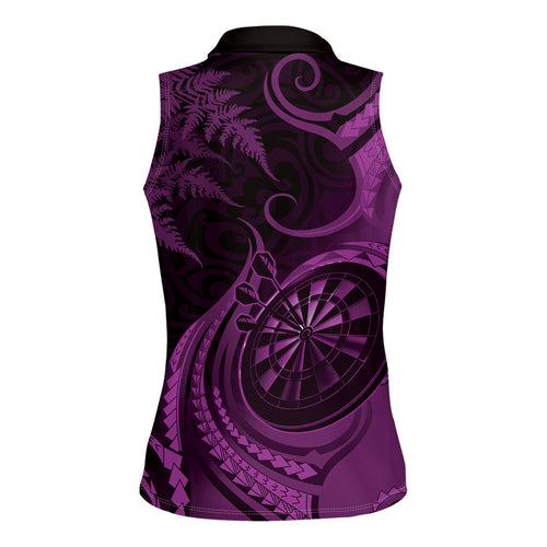 Personalised New Zealand Purple Darts Women Sleeveless Polo Shirt Maori Fern Curve Style