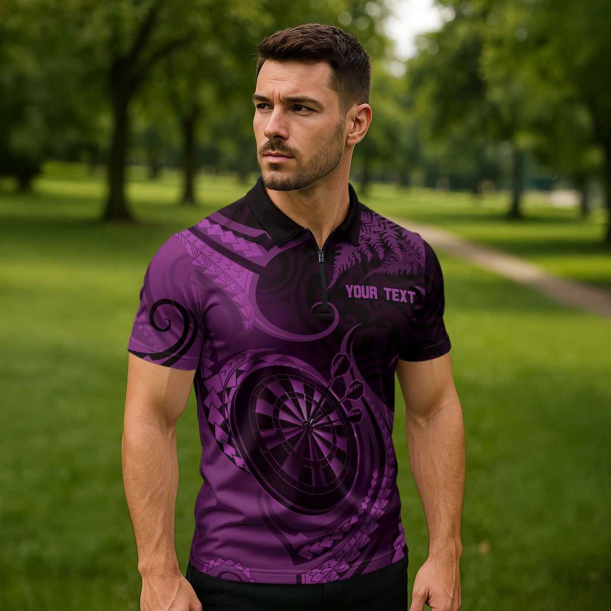 Personalised New Zealand Purple Darts Zipper Polo Shirt Maori Fern Curve Style