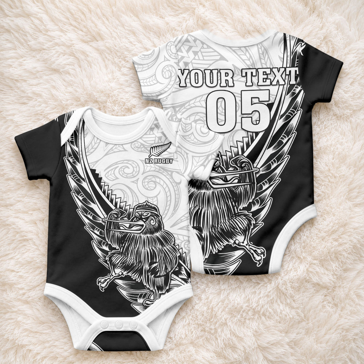New Zealand Kiwi Rugby Custom Baby Onesie Go Champions Maori Pattern