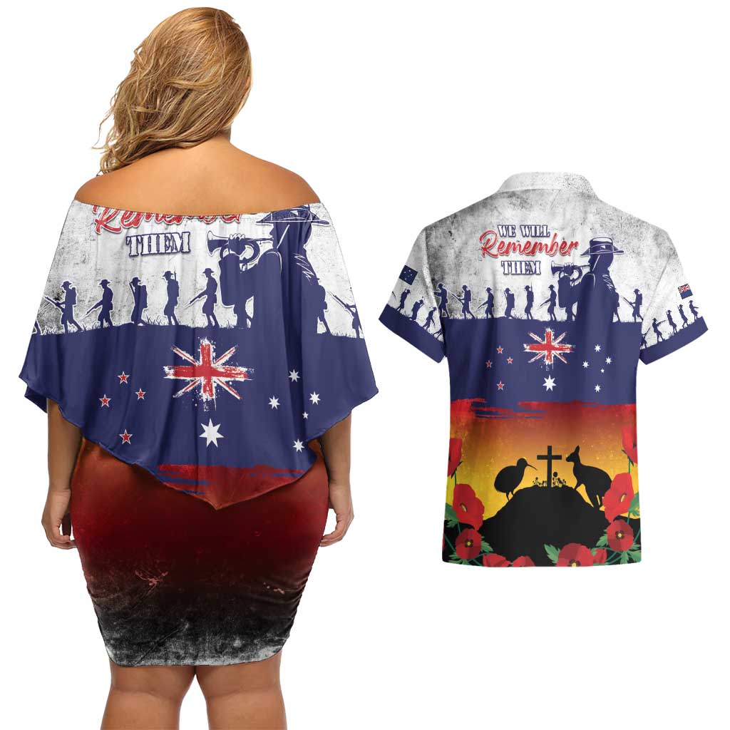 New Zealand And Australia ANZAC Last Post Couples Matching Off Shoulder Short Dress and Hawaiian Shirt