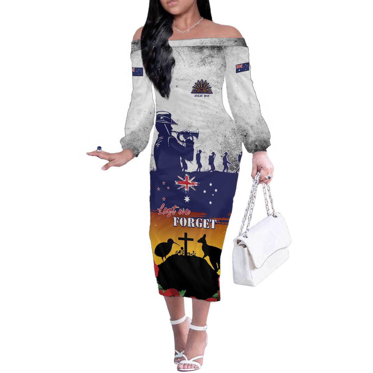 New Zealand And Australia ANZAC Last Post Family Matching Off The Shoulder Long Sleeve Dress and Hawaiian Shirt