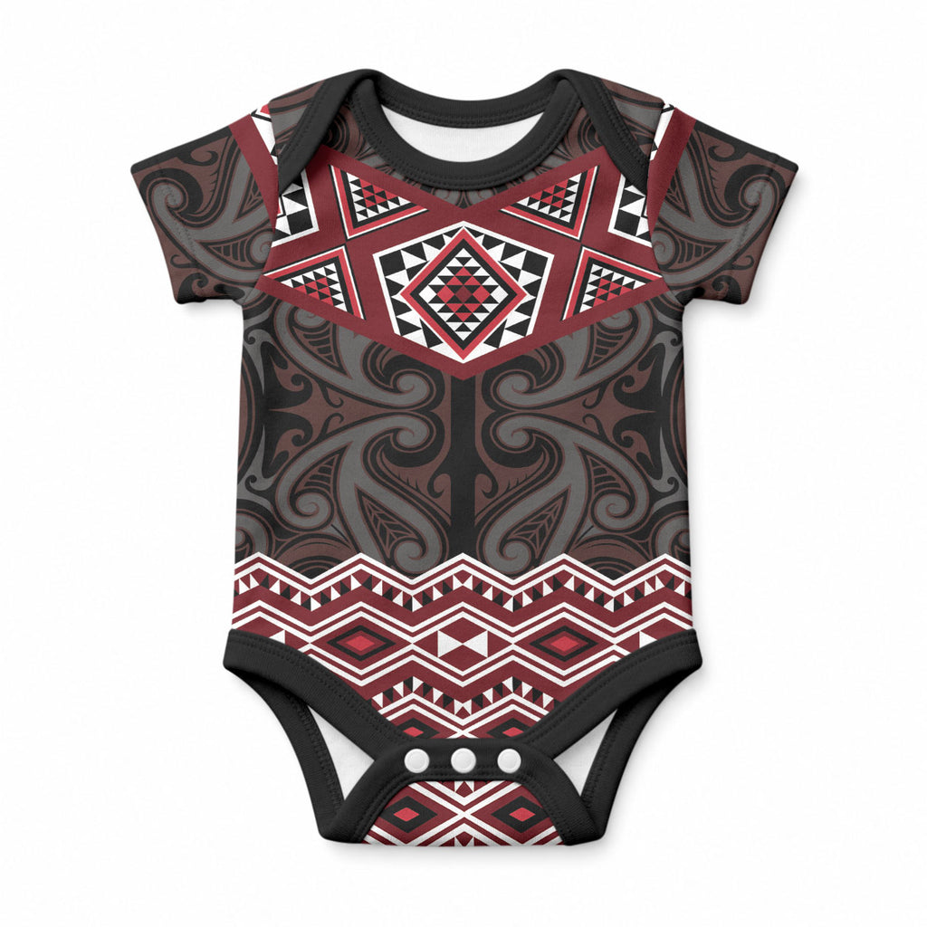 New Zealand Aotearoa Baby Onesie Red Taniko Art Maori Pattern