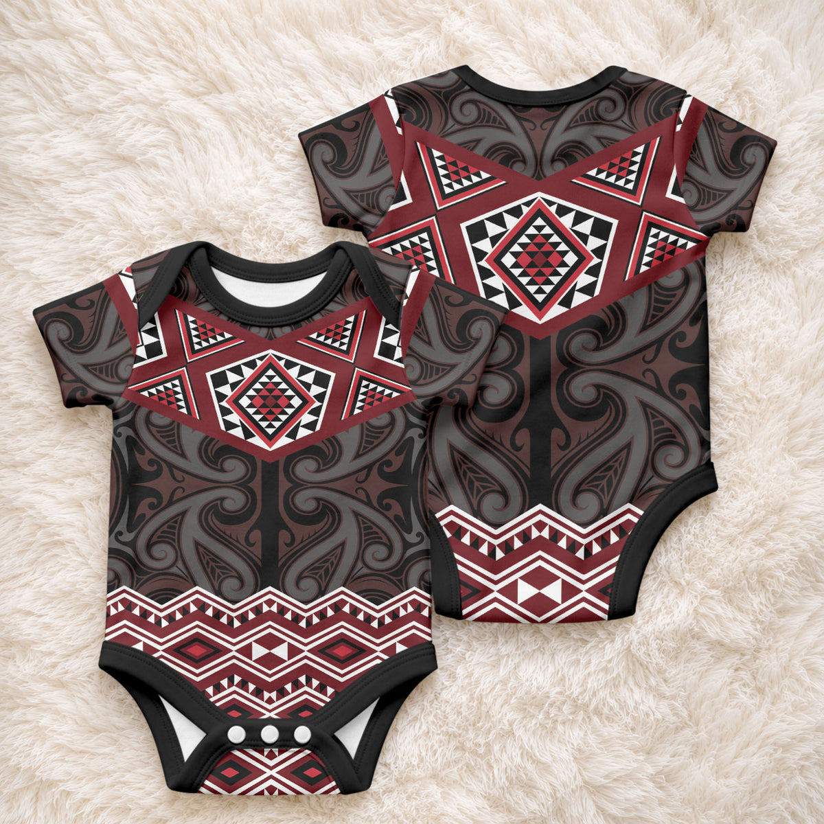 New Zealand Aotearoa Baby Onesie Red Taniko Art Maori Pattern
