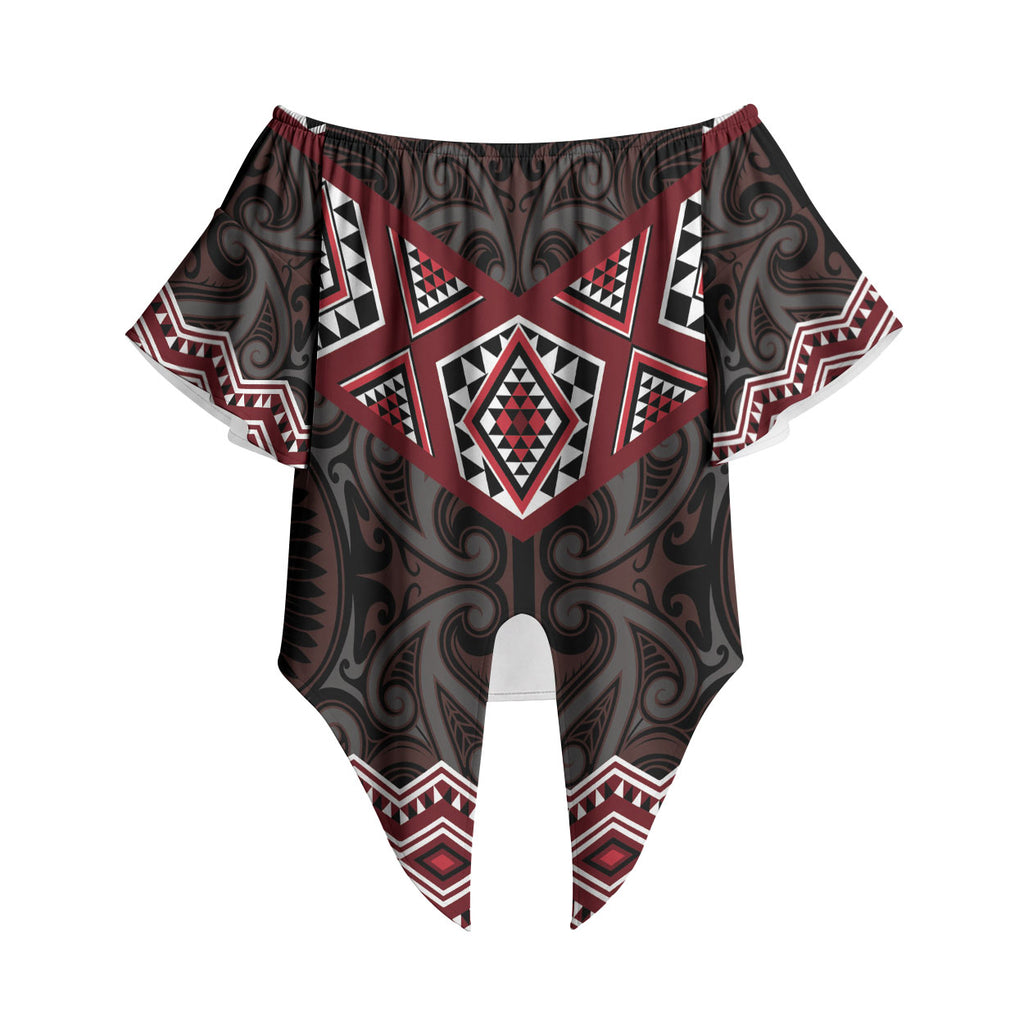 New Zealand Aotearoa Off Shoulder Wrap Waist Top Red Taniko Art Maori Pattern