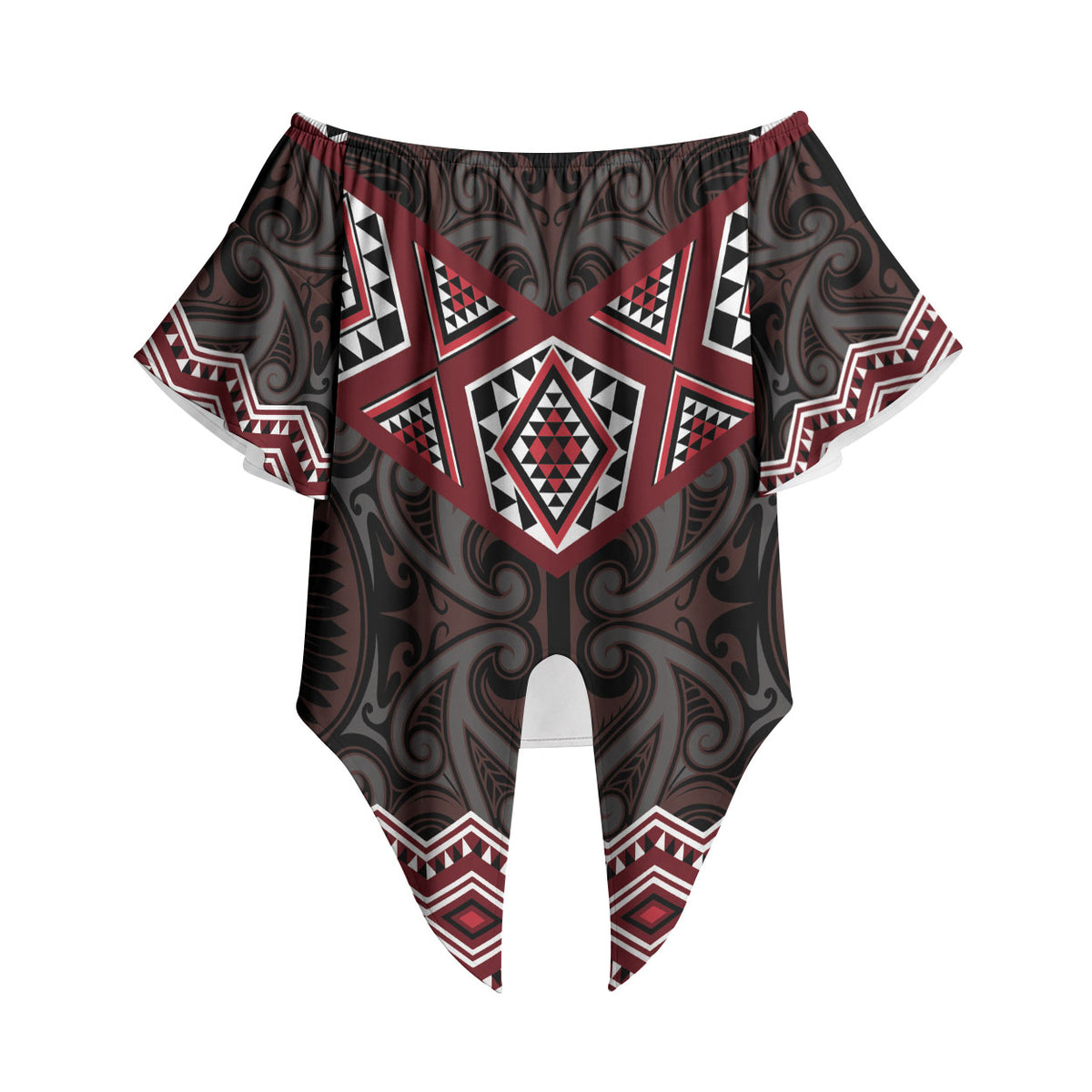 New Zealand Aotearoa Off Shoulder Wrap Waist Top Red Taniko Art Maori Pattern