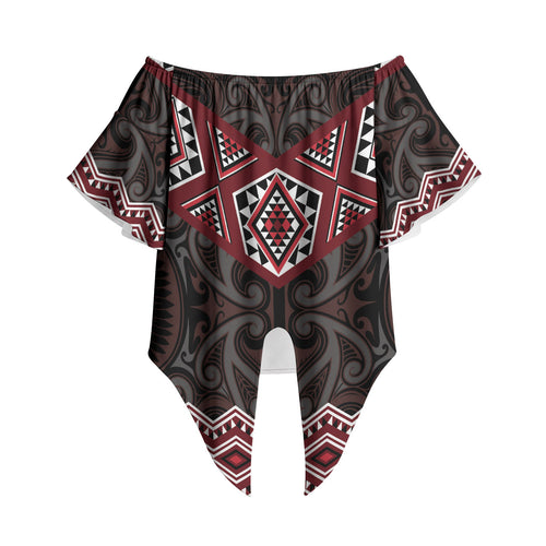 New Zealand Aotearoa Off Shoulder Wrap Waist Top Red Taniko Art Maori Pattern