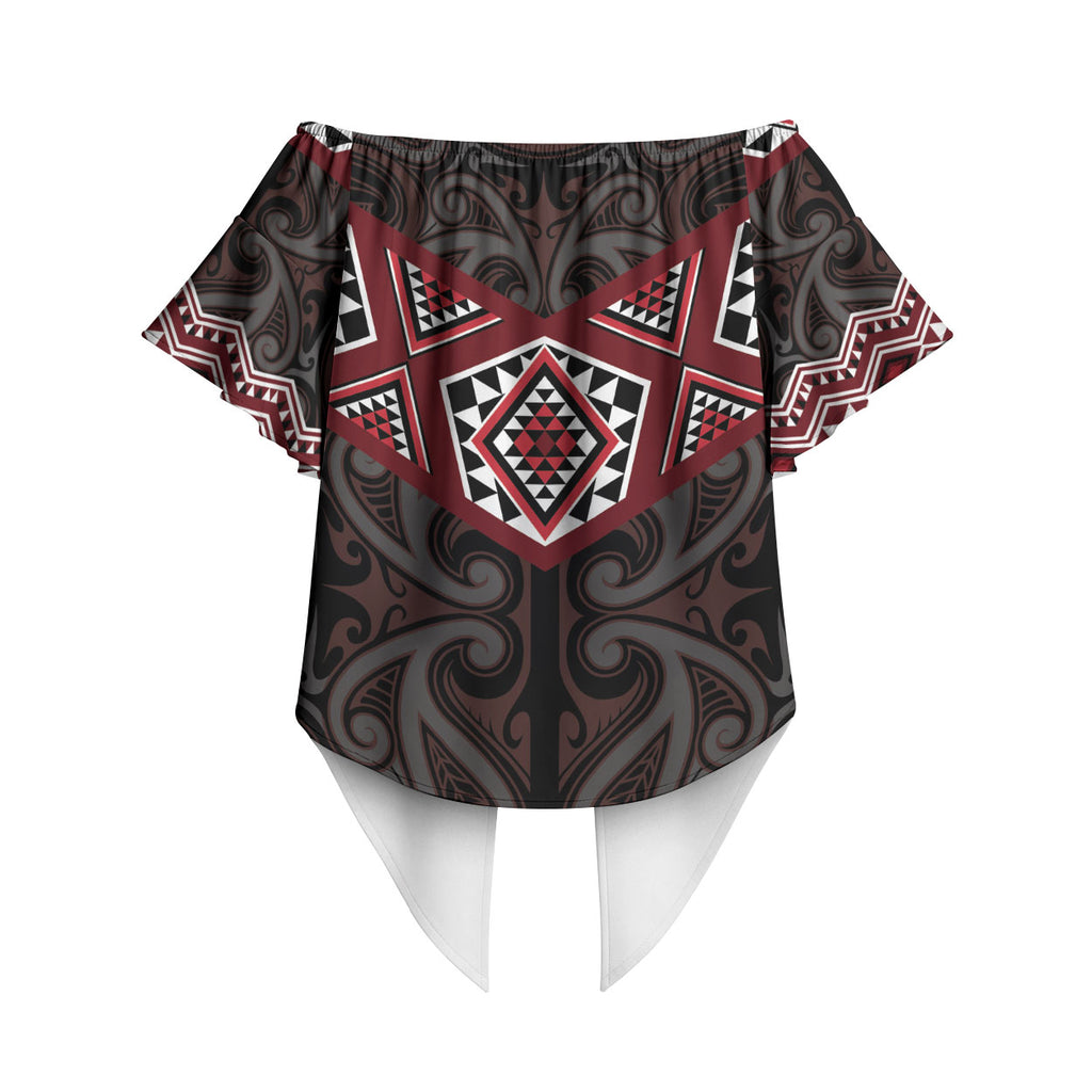 New Zealand Aotearoa Off Shoulder Wrap Waist Top Red Taniko Art Maori Pattern
